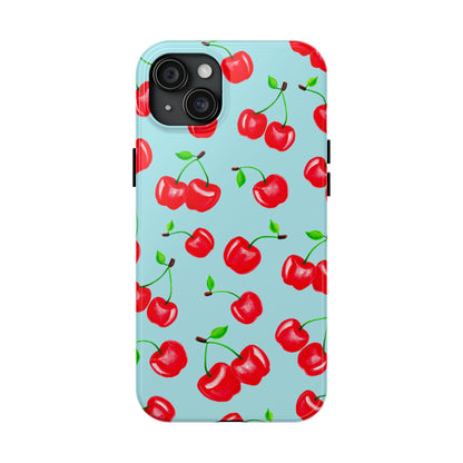 Tossed Red Watercolor Cherries Illustrated Pattern Bright Blue Tough Phone Case | Various Models