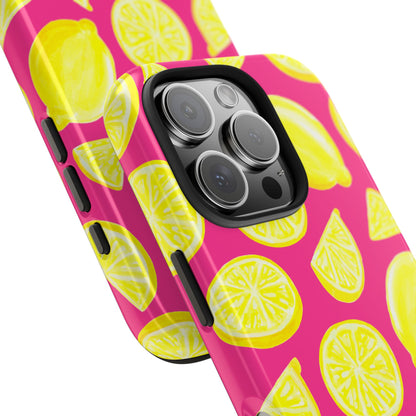 Bright Yellow Lemons Watercolor Illustrated Tossed Pattern Watermelon Pink Tough Phone Case | Various Models