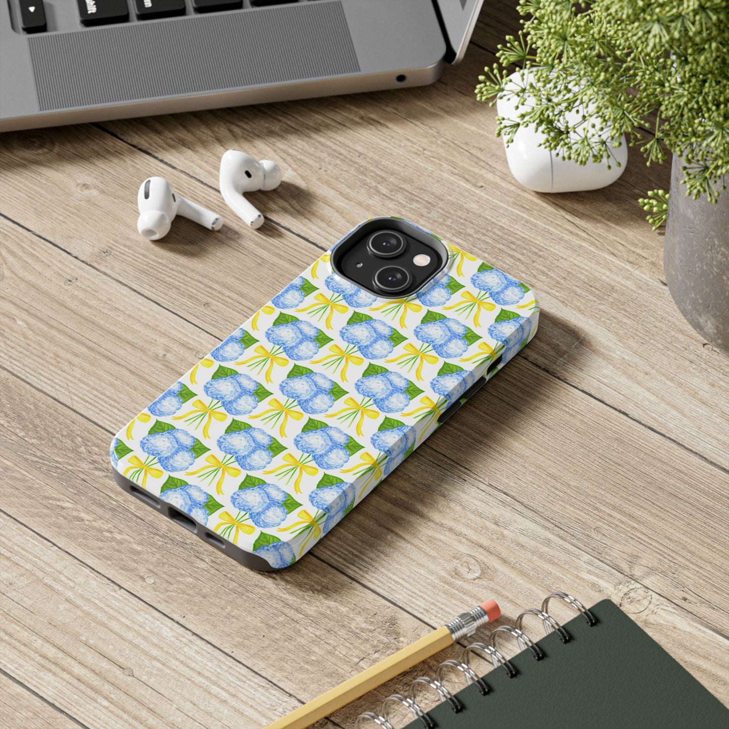Blue Hydrangea Bouquets with Yellow Bow Ribbon Watercolor Illustrated Patterned Tough Phone Case | Various Models