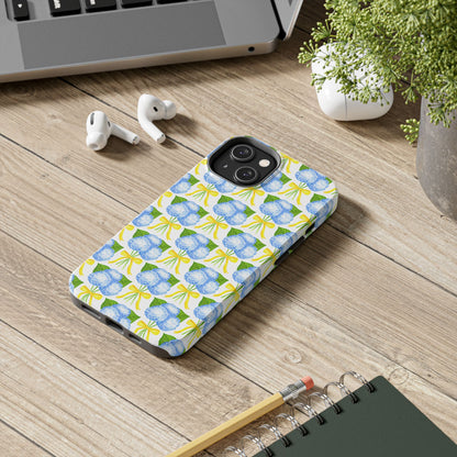 Blue Hydrangea Bouquets with Yellow Bow Ribbon Watercolor Illustrated Patterned Tough Phone Case | Various Models