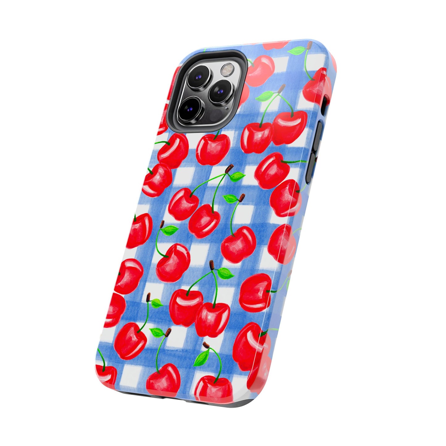 Tossed Red Cherries Blue Gingham Checkered Watercolor Illustrated Tough Phone Case | Various Models