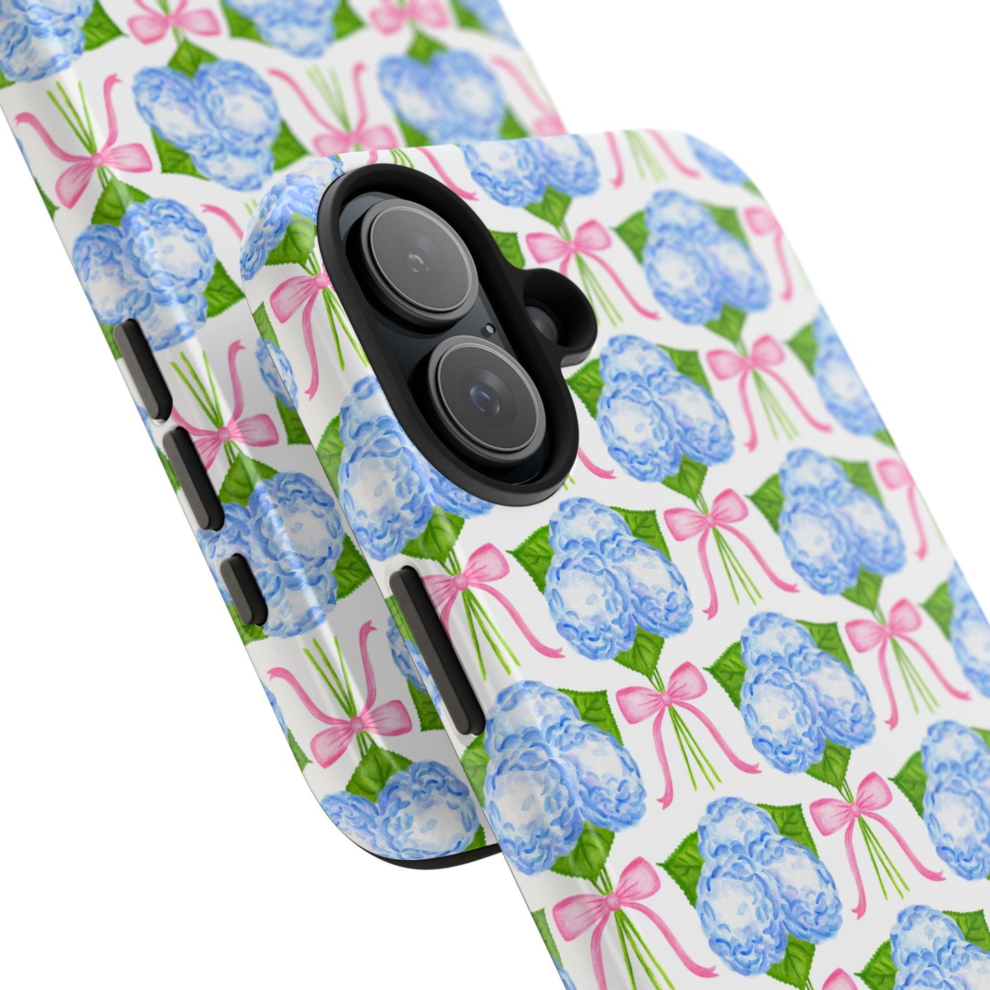 Blue Watercolor Hydrangea Bouqets with Light Pink Bows Watercolor Illustrated Patterned Tough Phone Case | Various Models