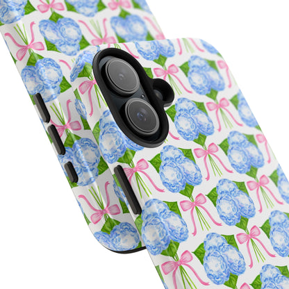 Blue Watercolor Hydrangea Bouqets with Light Pink Bows Watercolor Illustrated Patterned Tough Phone Case | Various Models