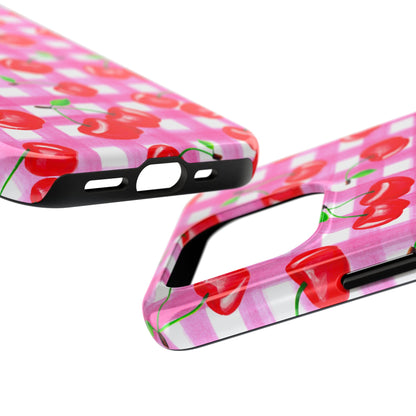 Tossed Red Watercolor Cherries Illustrated Pattern Light Pink Gingham Tough Phone Case | Various Models