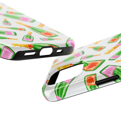 Tossed Pink and Green & Orange and Green Watercolor Illustrated Champagne Bottles Pattern Tough Phone Case | Various Models