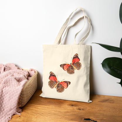Canvas Book Tote | Peachy Orange Butterfly Watercolor Duo Printed Farmers Market Tote | Coastal Preppy Gift Natural 15" x 16"