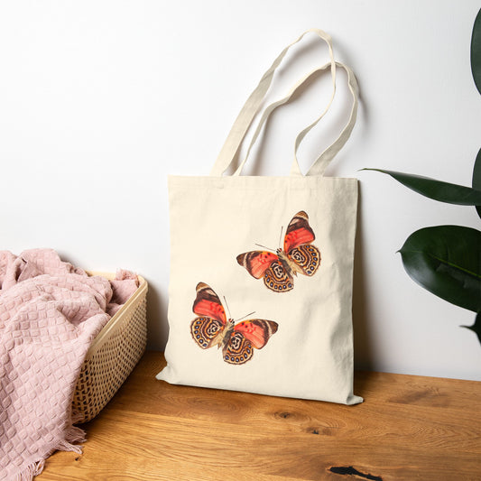 Canvas Book Tote | Peachy Orange Butterfly Watercolor Duo Printed Farmers Market Tote | Coastal Preppy Gift Natural 15" x 16"