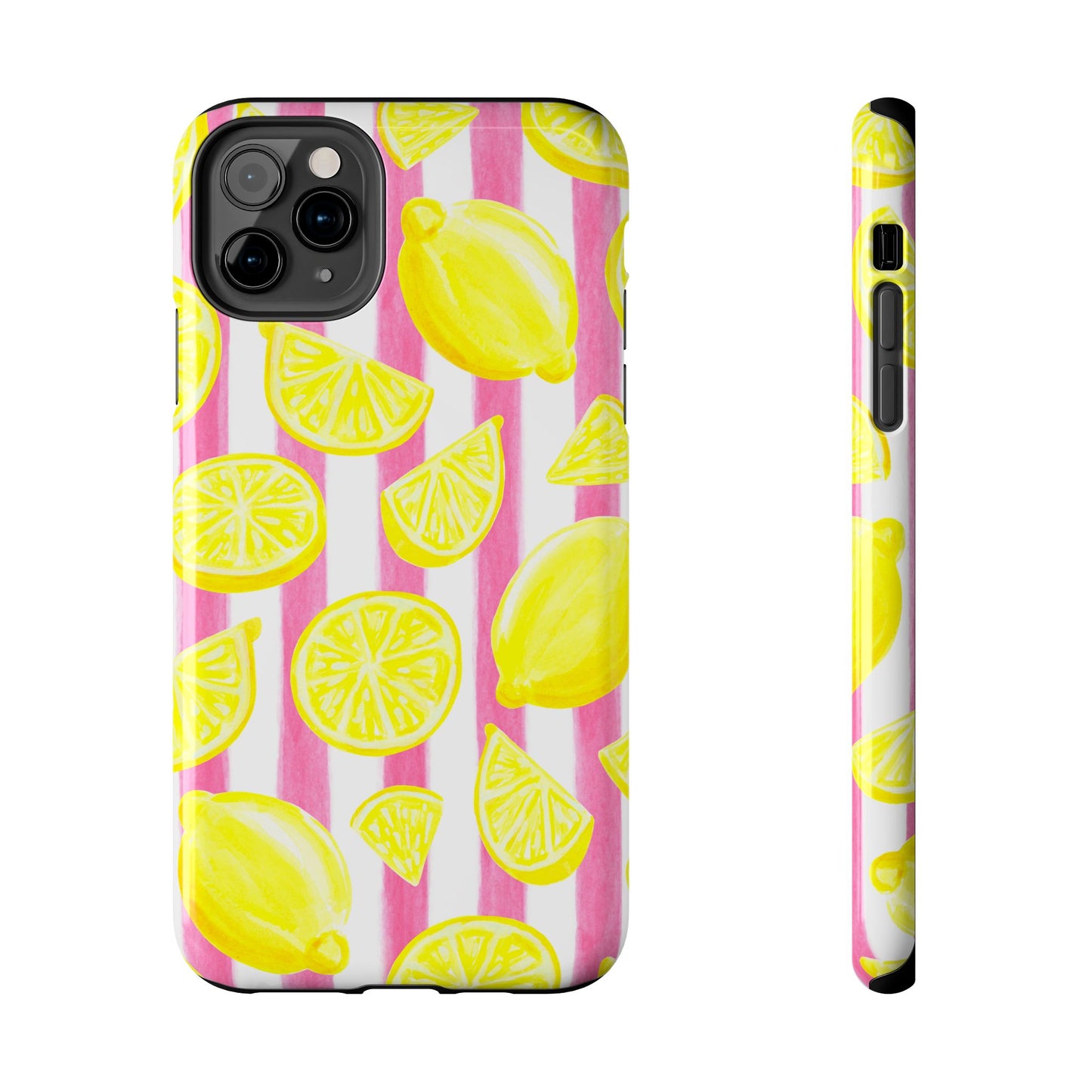 Pink Lemonade Yellow Lemons with Pink & White Watercolor Stripes Tough Phone Case