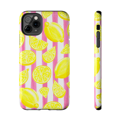 Pink Lemonade Yellow Lemons with Pink & White Watercolor Stripes Tough Phone Case