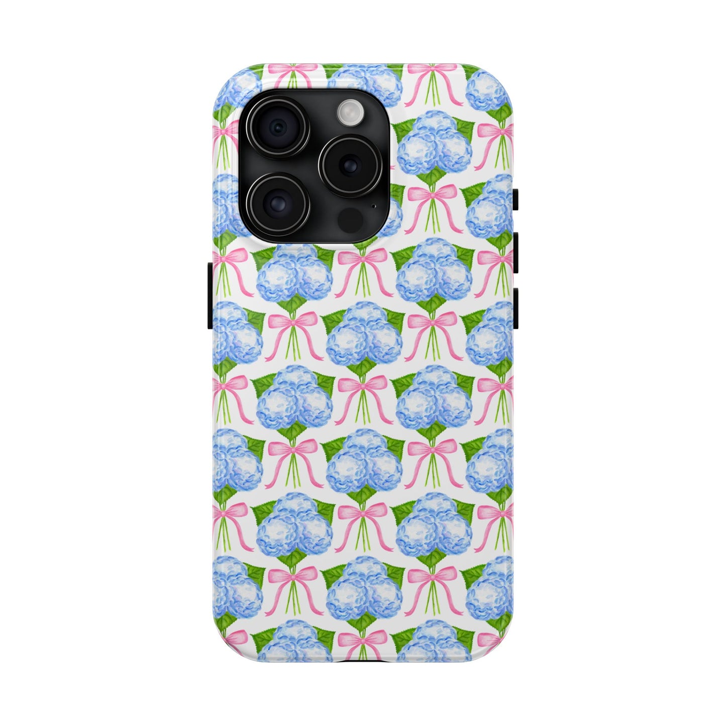 Blue Watercolor Hydrangea Bouqets with Light Pink Bows Watercolor Illustrated Patterned Tough Phone Case | Various Models