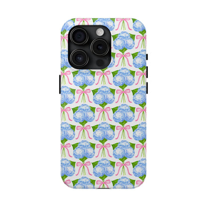 Blue Watercolor Hydrangea Bouqets with Light Pink Bows Watercolor Illustrated Patterned Tough Phone Case | Various Models