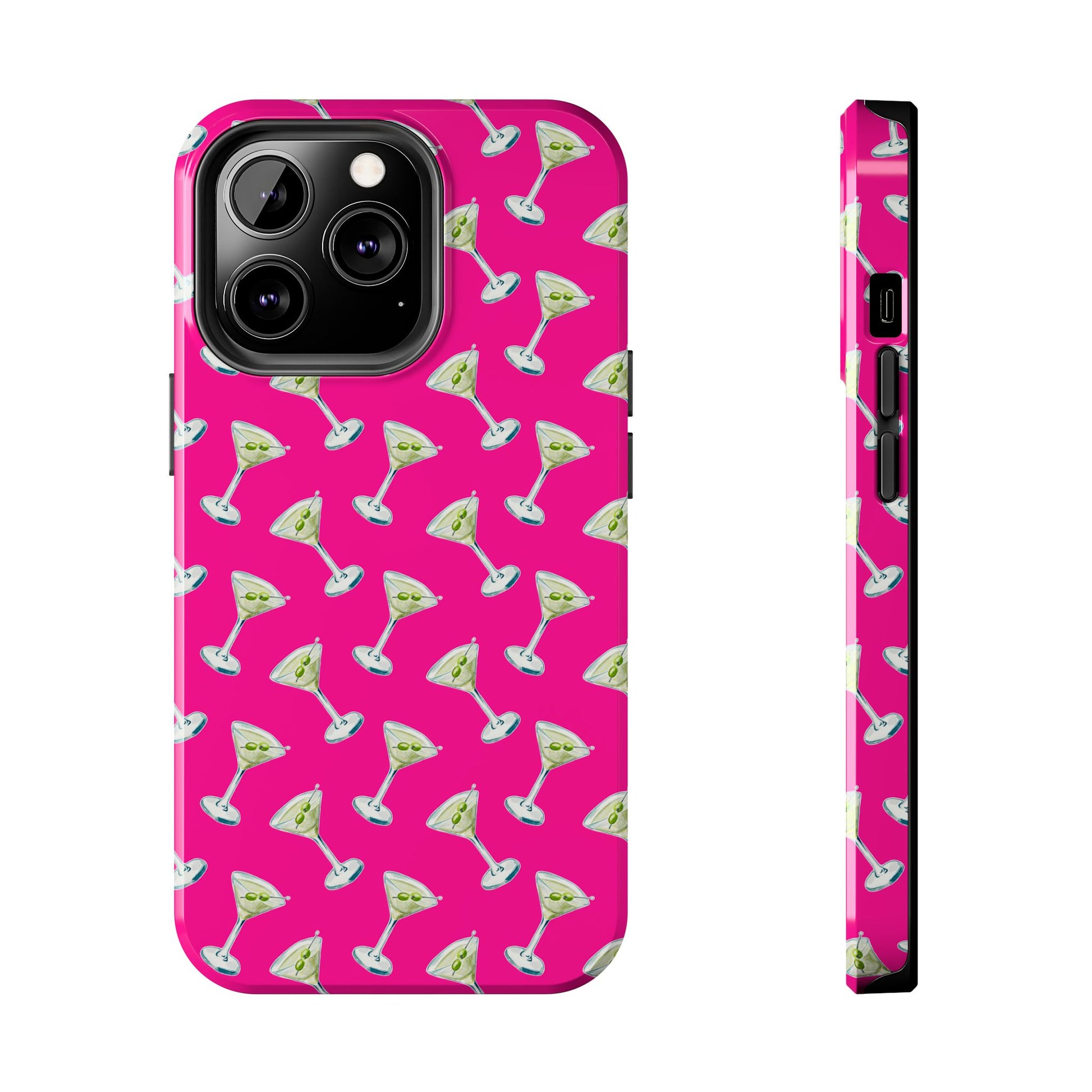 Hot Pink Mini Martini Watercolor Illustrated Tossed Pattern Tough Phone Case | Various Models Available iPhone 13 Pro
