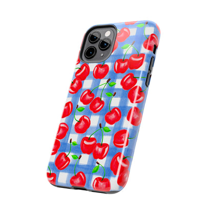 Tossed Red Cherries Blue Gingham Checkered Watercolor Illustrated Tough Phone Case | Various Models