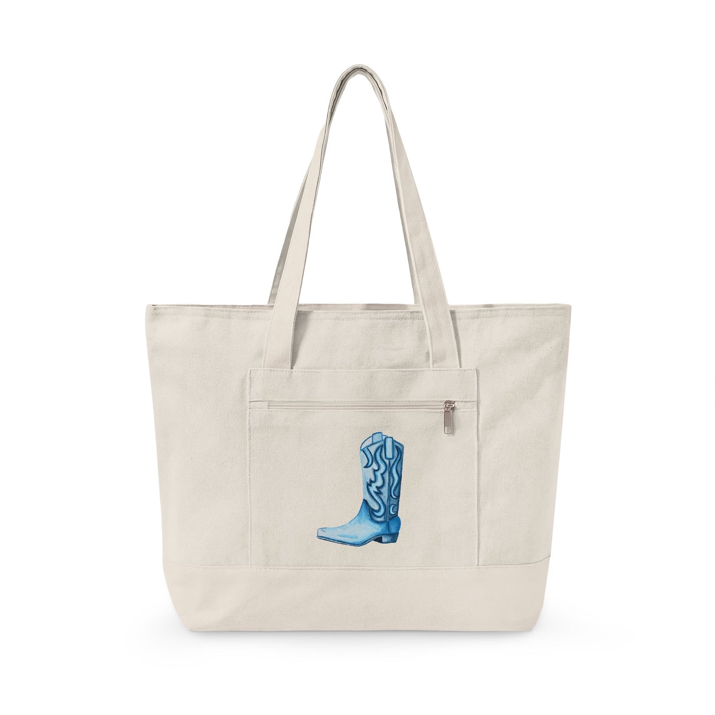 Navy Blue Cowboy Boot Watercolor Printed Zippered Canvas Tote 18" x 14" | Various Colors