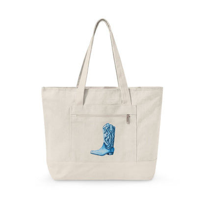 Navy Blue Cowboy Boot Watercolor Printed Zippered Canvas Tote 18" x 14" | Various Colors