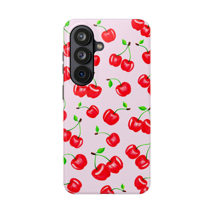 Tossed Red Watercolor Cherries Illustrated Pattern Light Pink Tough Phone Case | Various Models
