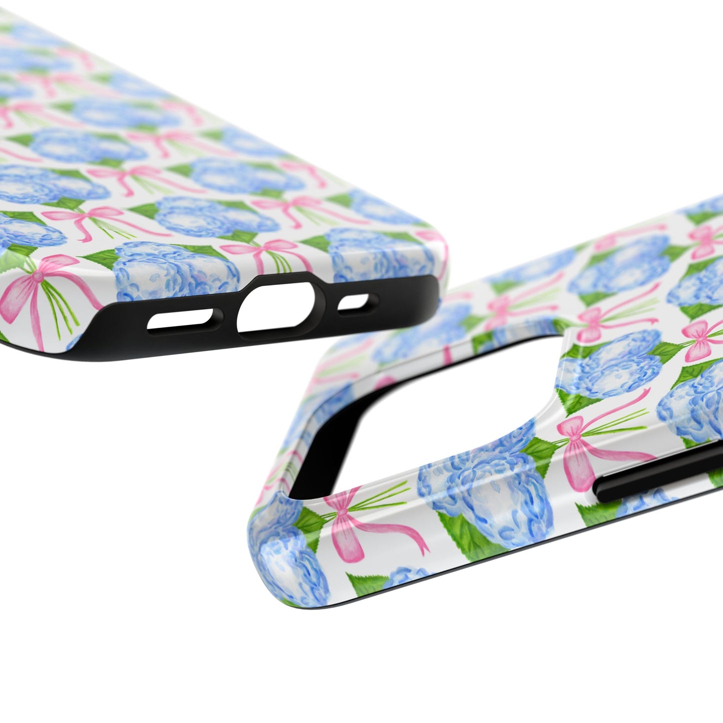 Blue Watercolor Hydrangea Bouqets with Light Pink Bows Watercolor Illustrated Patterned Tough Phone Case | Various Models