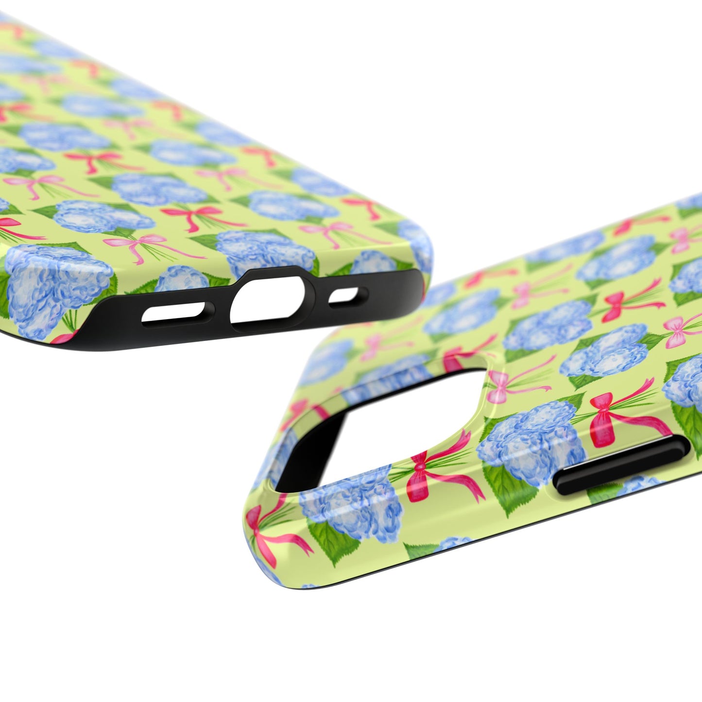 Watercolor Blue Hydrangea Bouquets with Hot Pink and Light Pink Bow Ribbons Illustrated Pattern Yellow Tough Phone Case | Various Models