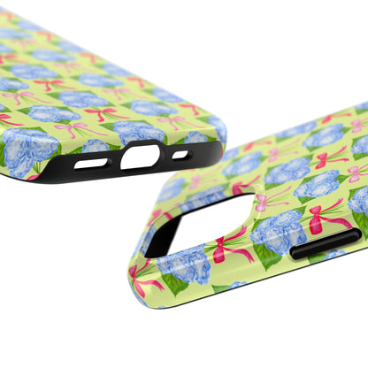 Watercolor Blue Hydrangea Bouquets with Hot Pink and Light Pink Bow Ribbons Illustrated Pattern Yellow Tough Phone Case | Various Models