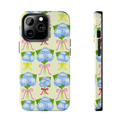 Blue Hydrangeas with Hot Pink, Yellow, Light Pink Bows Watercolor Illustrated Patterned Light Yellow Tough Phone Case | Various Models