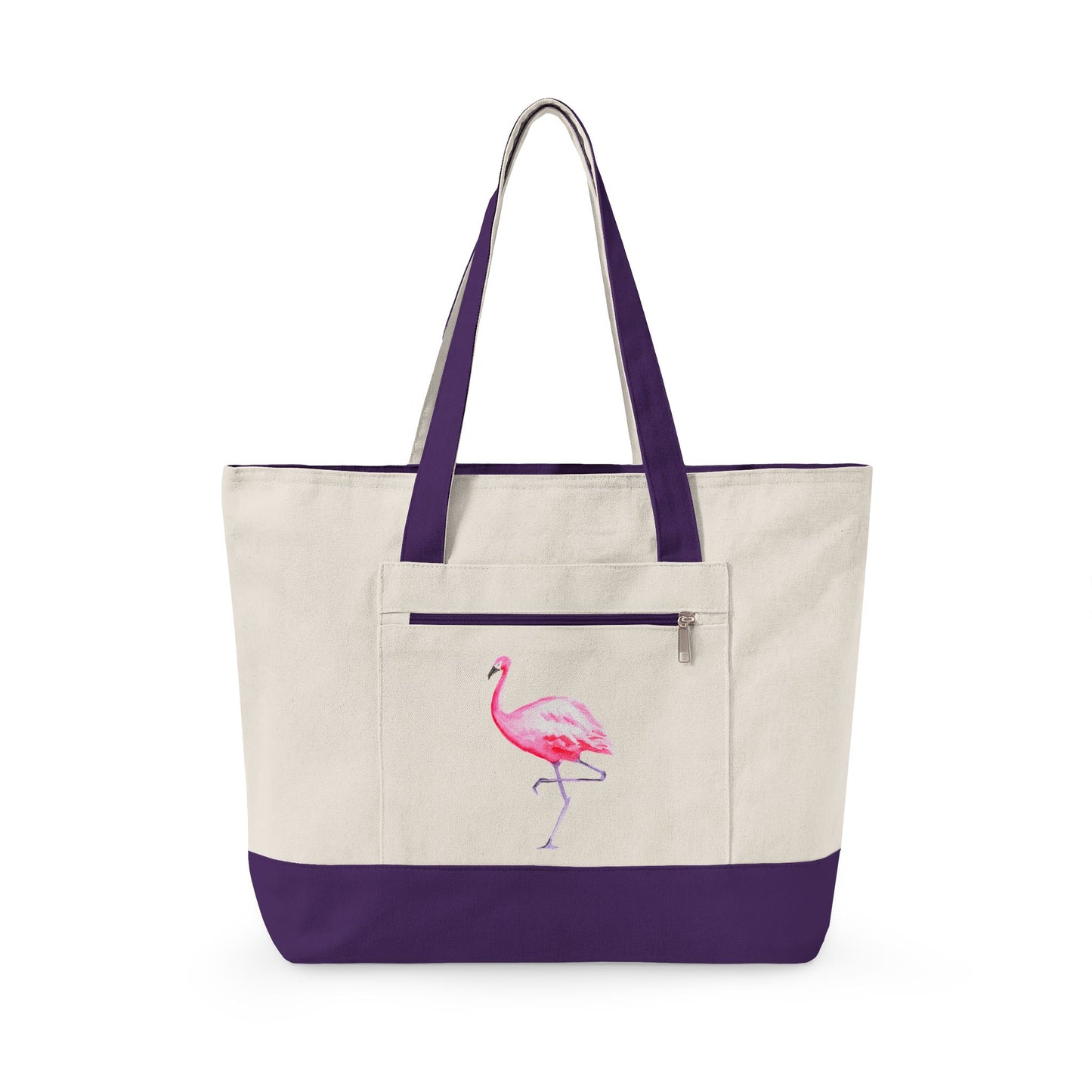 Hot Pink Flamingo Watercolor Printed Zipper Canvas Beach Tote 18" x 14" | Various Colors 18" x 14" x 4.5" Natural Purple
