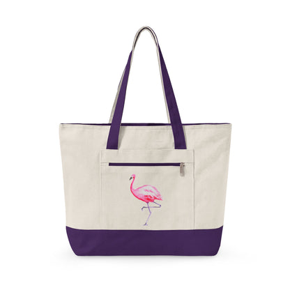 Hot Pink Flamingo Watercolor Printed Zipper Canvas Beach Tote 18" x 14" | Various Colors 18" x 14" x 4.5" Natural Purple