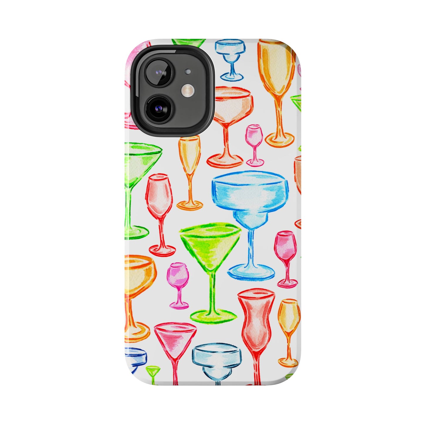 Monochromatic Margarita, Wine, Martini, and Champagne Flute Cocktail Glasses Watercolor Illustrated Tough Phone Case | Various Models Available
