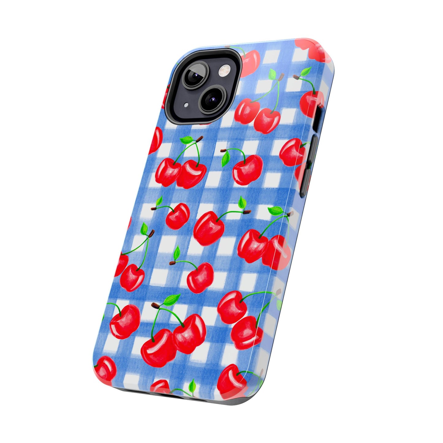 Tossed Red Watercolor Illustrated Cherries Light Blue Gingham Tough Phone Case | Various Models