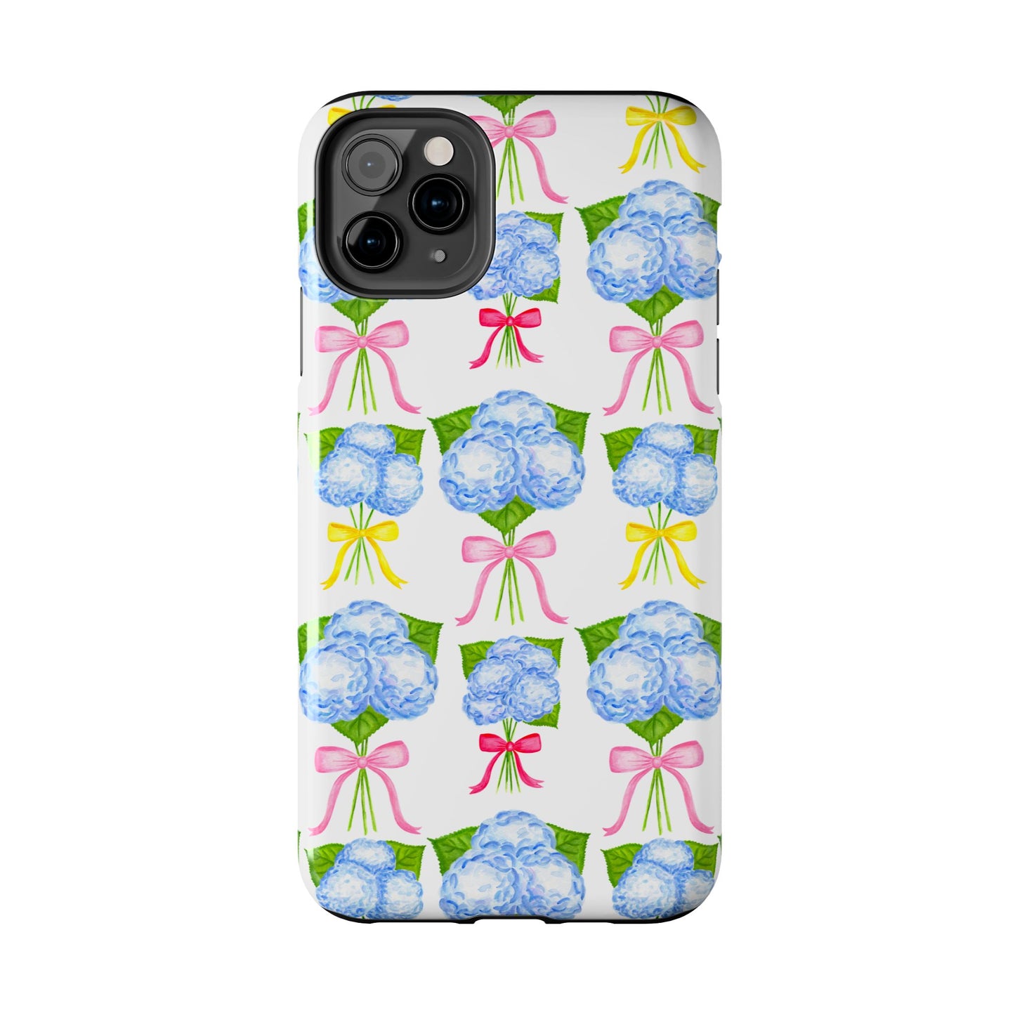 Blue Hydrangeas with Hot Pink, Yellow, Light Pink Bows Watercolor Illustrated Patterned Tough Phone Case | Various Models