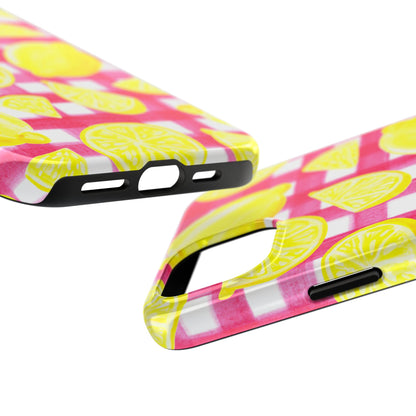 Yellow Lemons & Hot Pink Gingham Watercolor Illustrated Tough Phone Case | Various Models Available