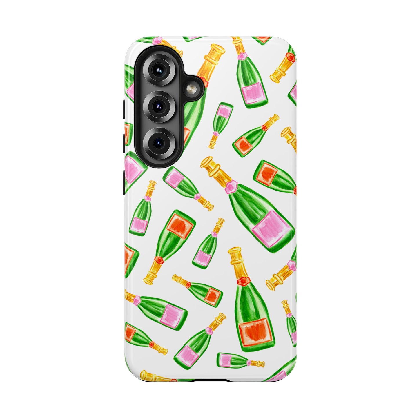 Tossed Pink and Green & Orange and Green Watercolor Illustrated Champagne Bottles Pattern Tough Phone Case | Various Models