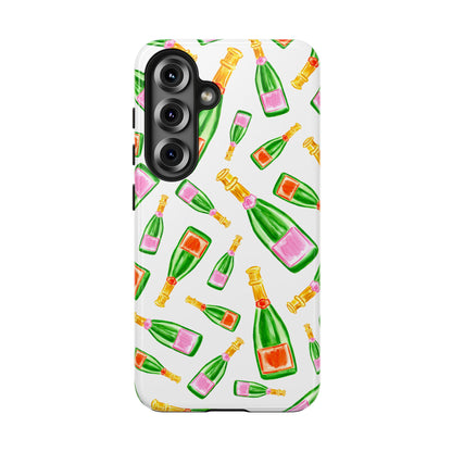 Tossed Pink and Green & Orange and Green Watercolor Illustrated Champagne Bottles Pattern Tough Phone Case | Various Models
