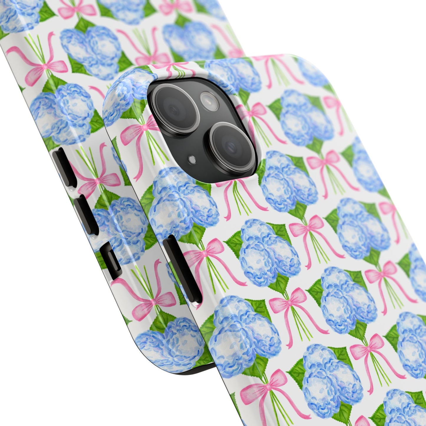 Blue Watercolor Hydrangea Bouqets with Light Pink Bows Watercolor Illustrated Patterned Tough Phone Case | Various Models
