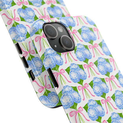 Blue Watercolor Hydrangea Bouqets with Light Pink Bows Watercolor Illustrated Patterned Tough Phone Case | Various Models