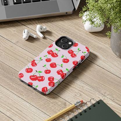 Tossed Red Watercolor Cherries Illustrated Pattern Light Pink Tough Phone Case | Various Models