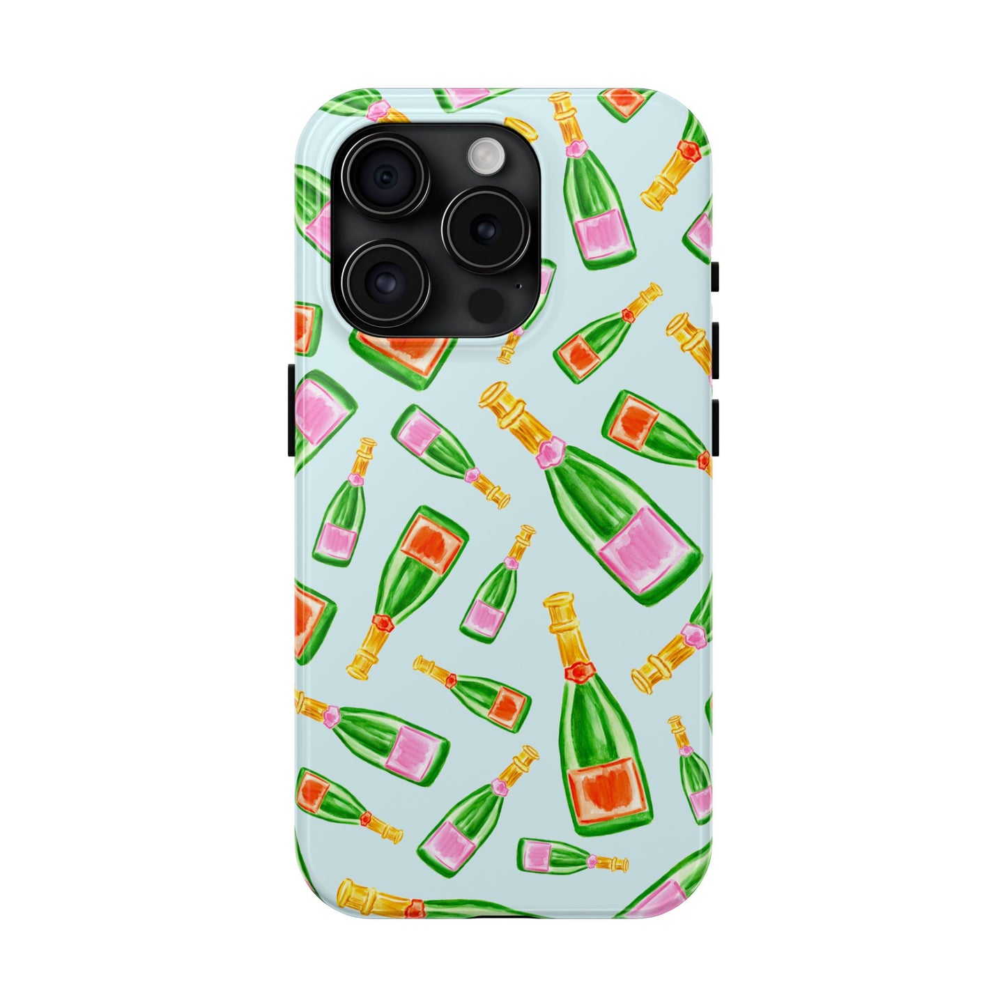 Tossed Pink and Green & Orange and Green Watercolor Illustrated Champagne Bottles Pattern Light Blue Tough Phone Case | Various Models