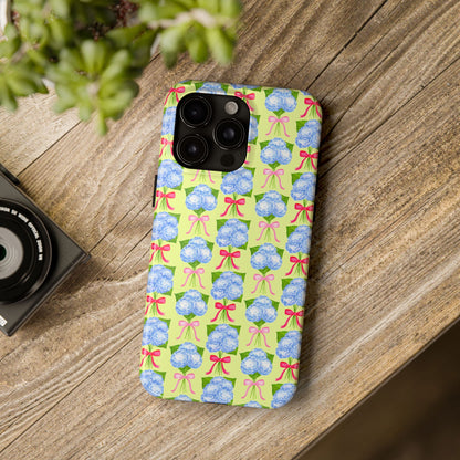 Watercolor Blue Hydrangea Bouquets with Hot Pink and Light Pink Bow Ribbons Illustrated Pattern Yellow Tough Phone Case | Various Models