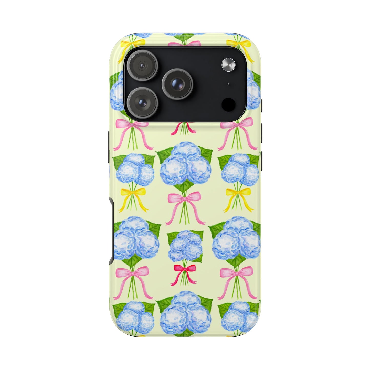 Blue Hydrangeas with Hot Pink, Yellow, Light Pink Bows Watercolor Illustrated Patterned Light Yellow Tough Phone Case | Various Models