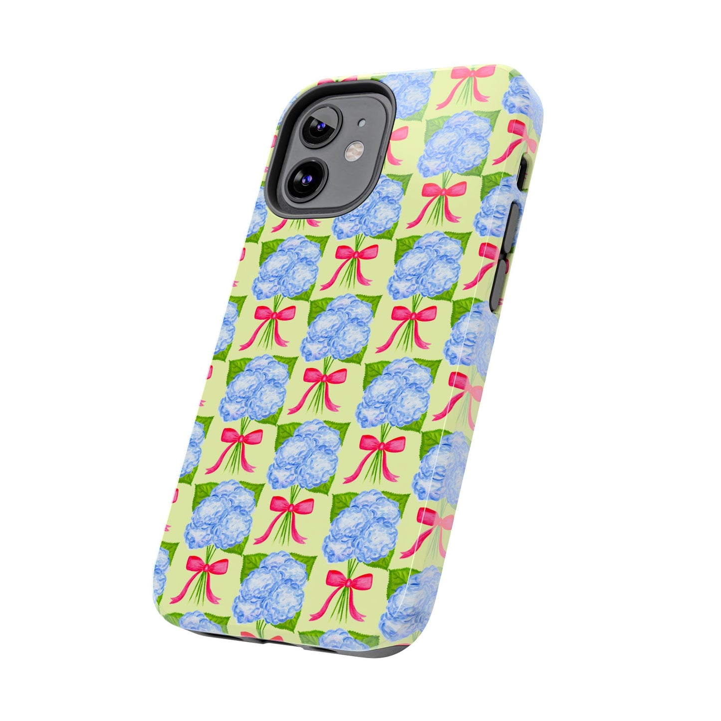 Blue Watercolor Hydrangea Bouquets with Hot Pink Bows Illustrated Patterned Yellow Preppy Grand Millenial Tough Phone Case | Various Models