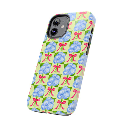 Blue Watercolor Hydrangea Bouquets with Hot Pink Bows Illustrated Patterned Yellow Preppy Grand Millenial Tough Phone Case | Various Models