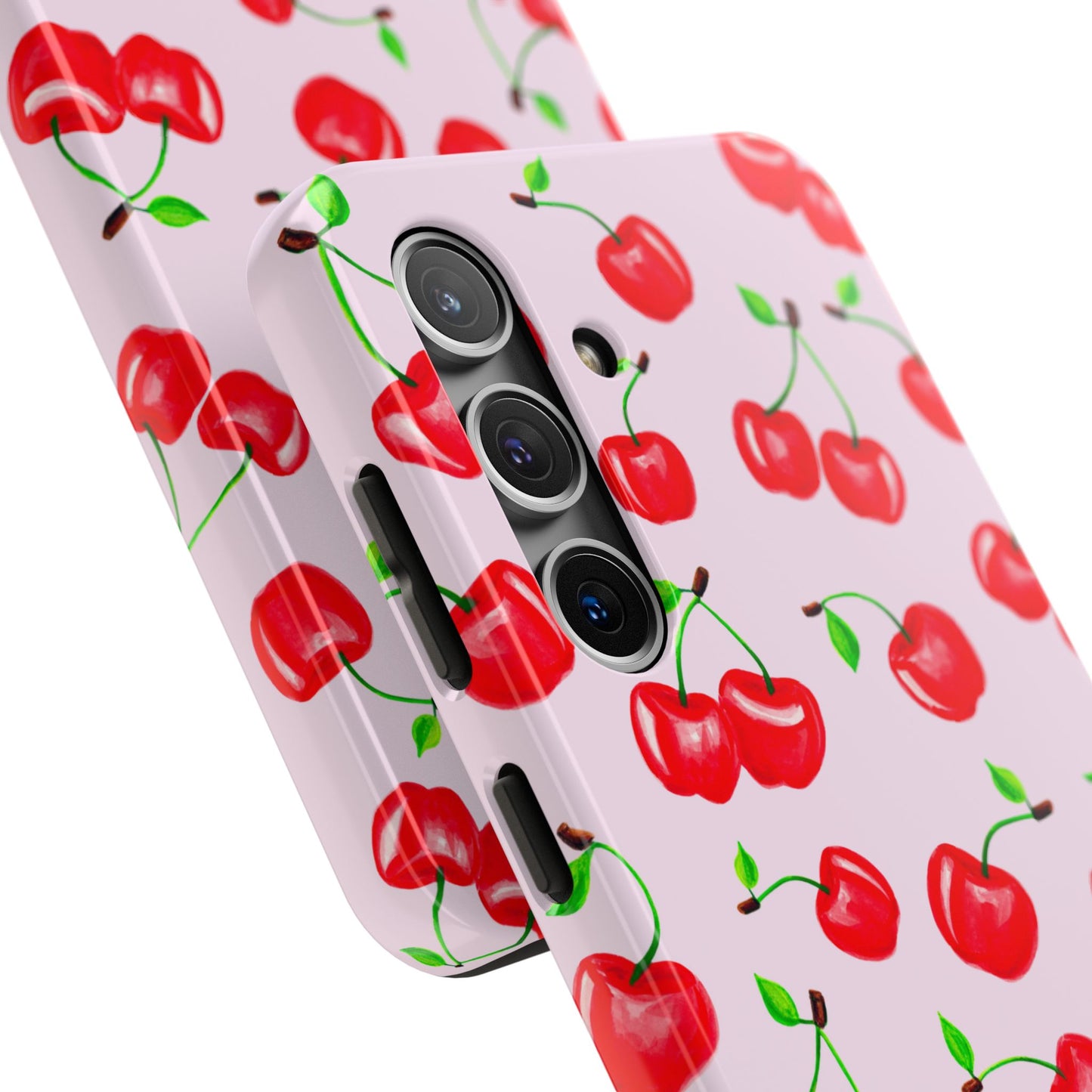 Tossed Red Watercolor Cherries Illustrated Pattern Light Pink Tough Phone Case | Various Models
