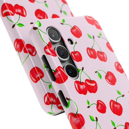 Tossed Red Watercolor Cherries Illustrated Pattern Light Pink Tough Phone Case | Various Models