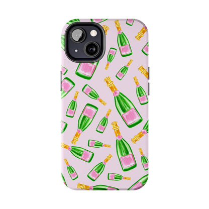 Tossed Pink and Green Watercolor Illustrated Champagne Bottles Pattern Blush Pink Tough Phone Case | Various Models
