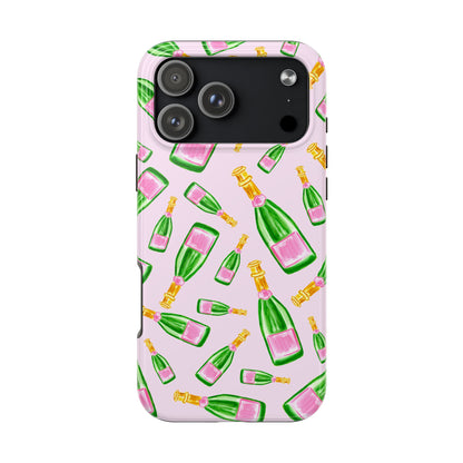 Tossed Pink and Green Watercolor Illustrated Champagne Bottles Pattern Blush Pink Tough Phone Case | Various Models