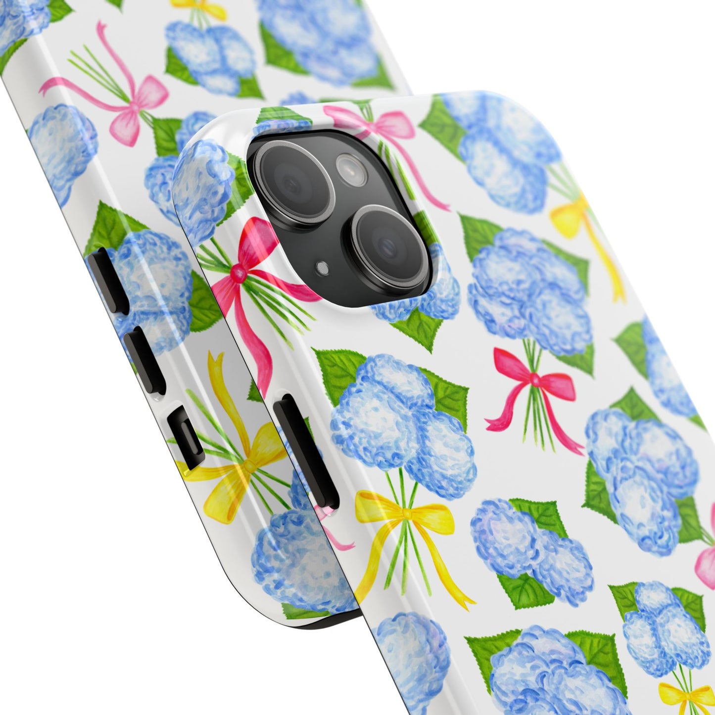 Blue Watercolor Hydrangea Bunches with Hot Pink, Yellow, Light Pink Bows Illustrated Patterned Tough Phone Case | Various Models