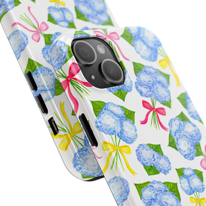 Blue Watercolor Hydrangea Bunches with Hot Pink, Yellow, Light Pink Bows Illustrated Patterned Tough Phone Case | Various Models