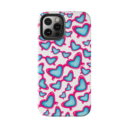 Pink & Blue Heart Shaped Sunglasses Watercolor Illustrated Tossed Pattern Tough Case | Various Models