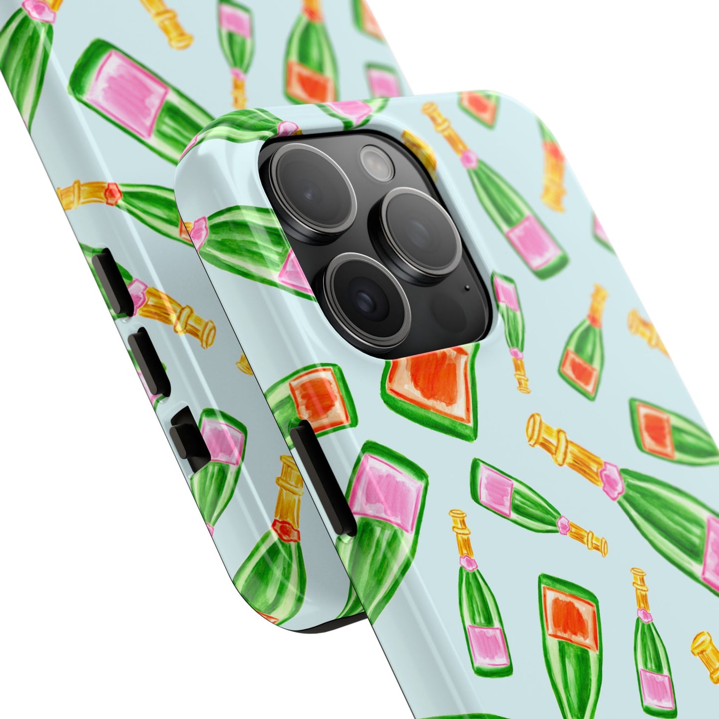 Tossed Pink and Green & Orange and Green Watercolor Illustrated Champagne Bottles Pattern Light Blue Tough Phone Case | Various Models