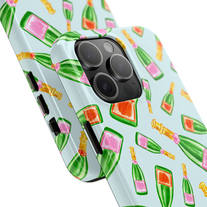 Tossed Pink and Green & Orange and Green Watercolor Illustrated Champagne Bottles Pattern Light Blue Tough Phone Case | Various Models