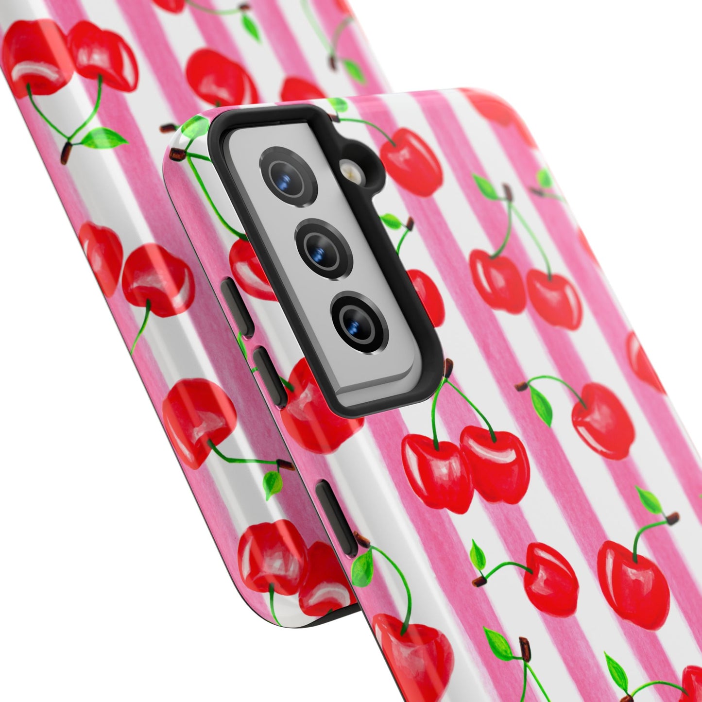 Tossed Red Watercolor Cherries Illustrated Pattern Light Pink Stripes Tough Phone Case | Various Models